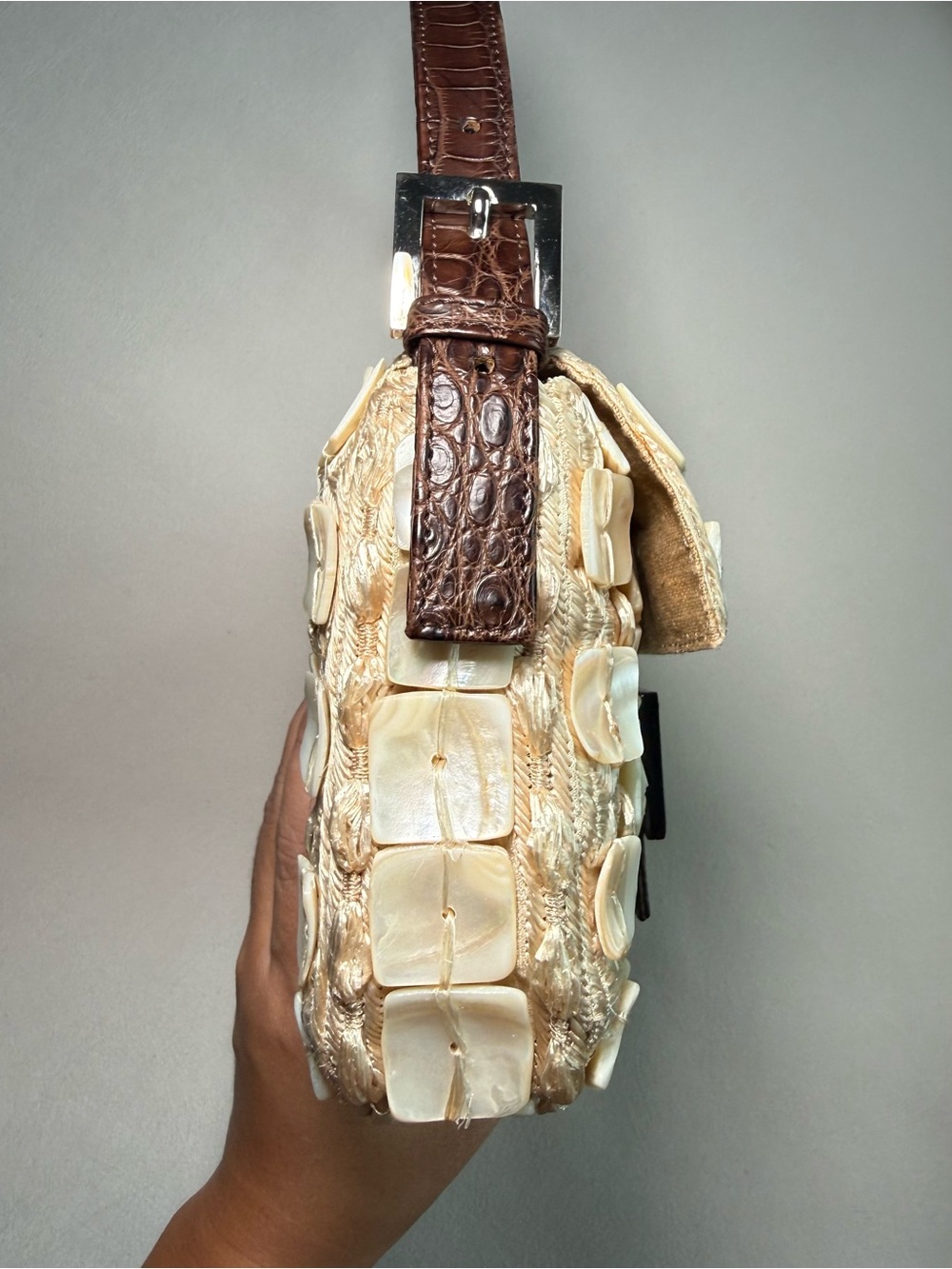 Vintage Fendi Mother of Pearl Baguette Bag w Crocodile Trim - Picture 6 of 11